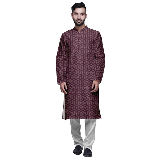 Atasi Kurta Long Indien en Satin Modal Imprimé pour Homme avec Ensemble de Pyjama Churidar Blanc
