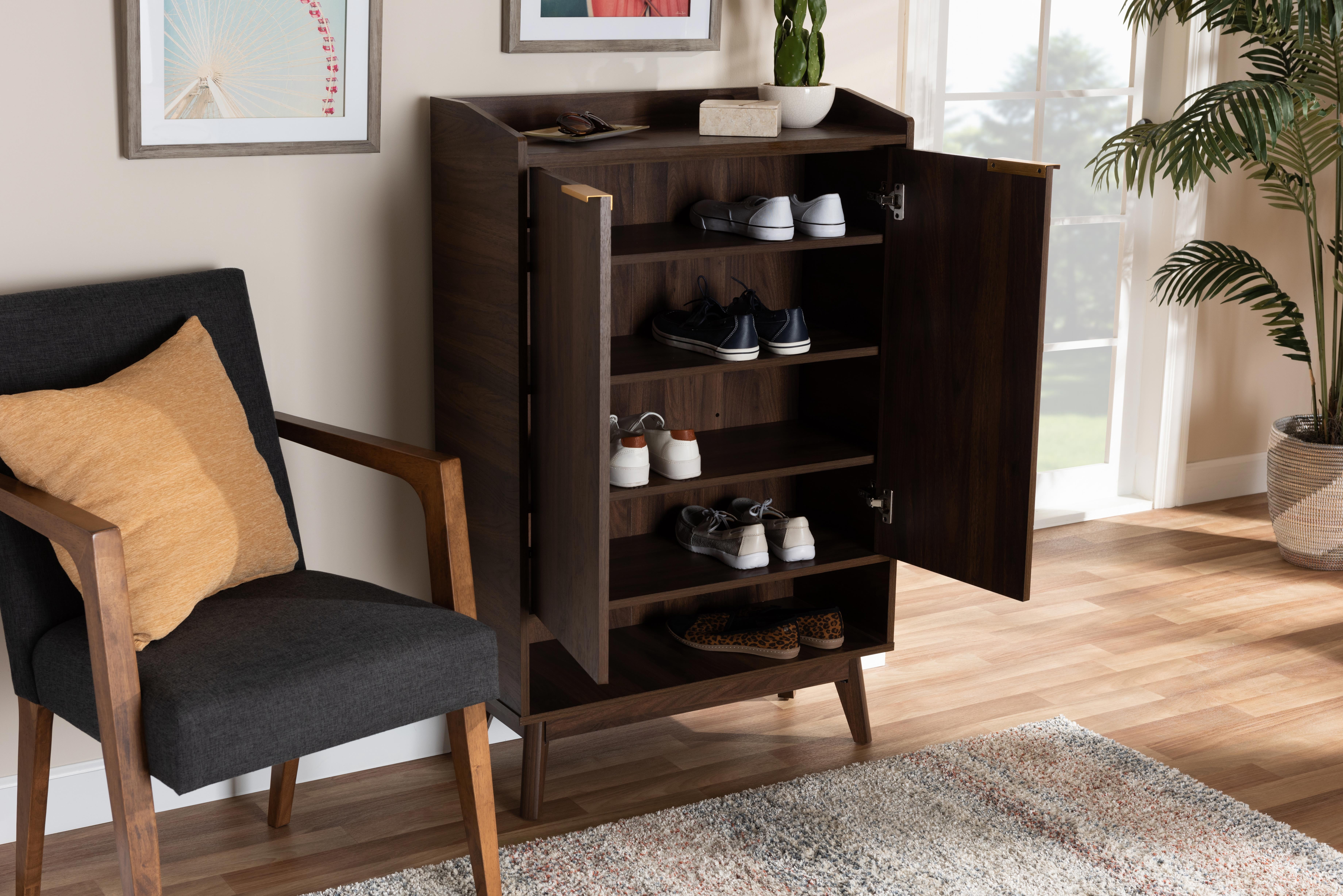 Baxton Studio Lena Mid-Century Modern Walnut Brown Finished 5-Shelf Wood Entryway Shoe Cabinet