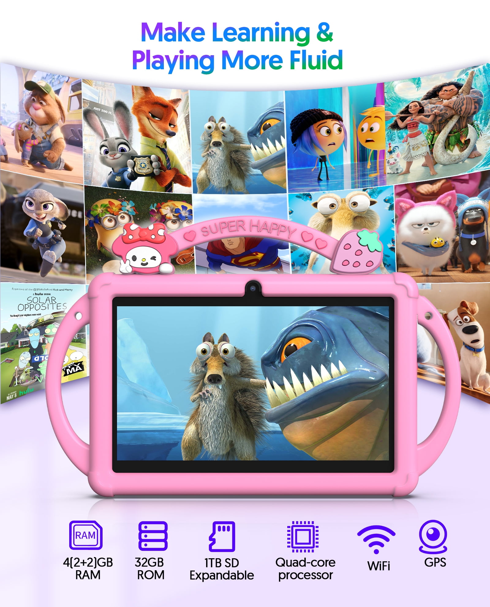 Kids Tablet 7 inch Android 13 Tablet for Kids 32GB ROM 4GB RAM 1TB Expanded, Quad-Core Toddler Tablet with Shockproof Case, Bluetooth, Wifi, Parental Control, Dual Camera, GPS, Games