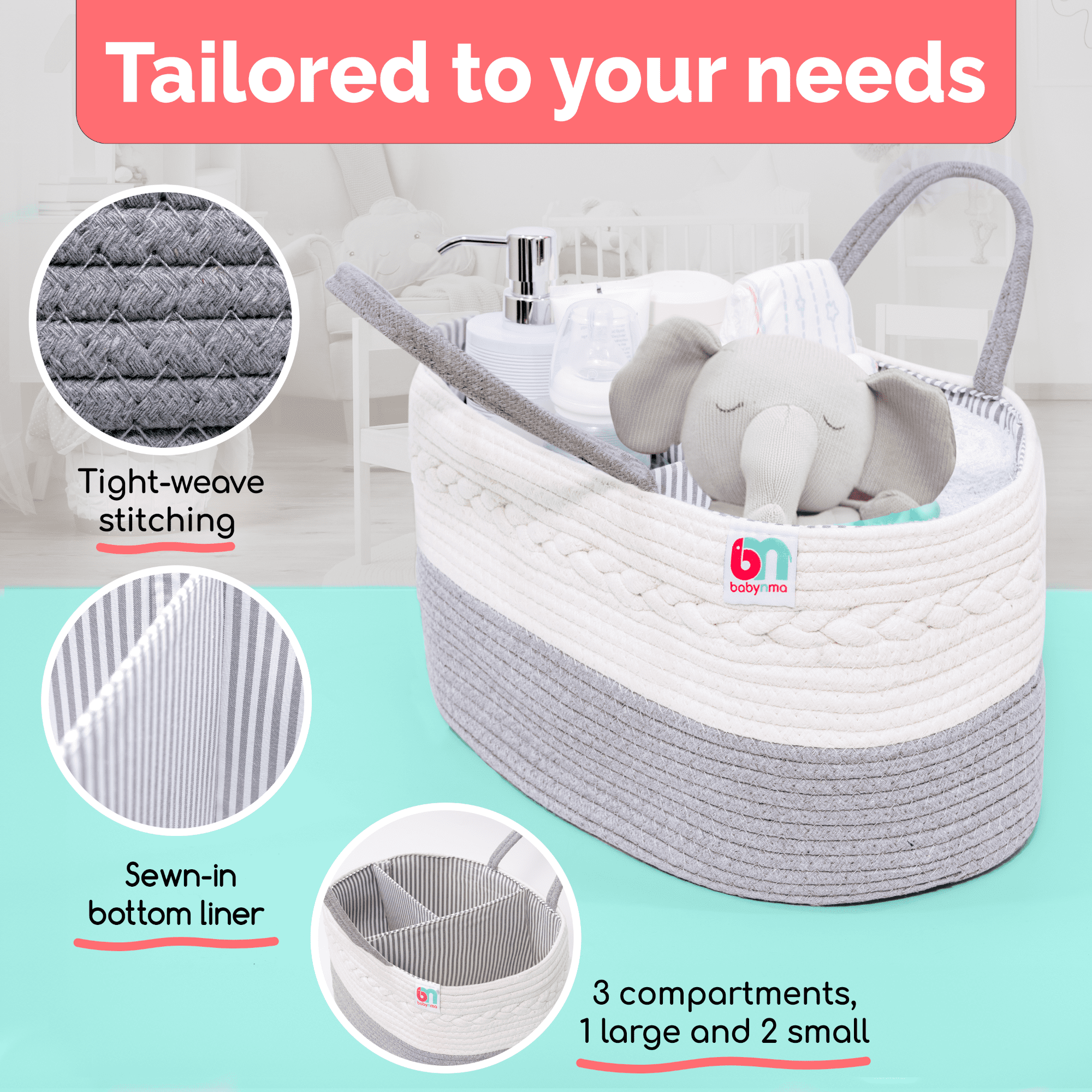 Babynma Rope Diaper Caddy - Extra Large Storage for Baby and Toddler Items - Convenient Organizer for Nursery, Bedroom, Living Room, Car - Baby Shower and Registry Gift - White and Grey