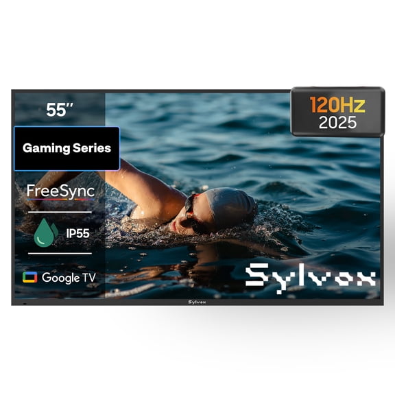 Sylvox 55 inch 120Hz Outdoor TVs,4K Smart Television 1000nits with Dobly Atmos, IP55 Waterproof, Google TV for Partial Sun Area,Gaming Serie