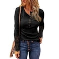 thumbnail image 3 of Camiseta de manga larga con cuello redondo para mujer, ropa informal ajustada con botones y costuras de encaje, Color liso, para otoño e invierno, nueva, 3 of 5