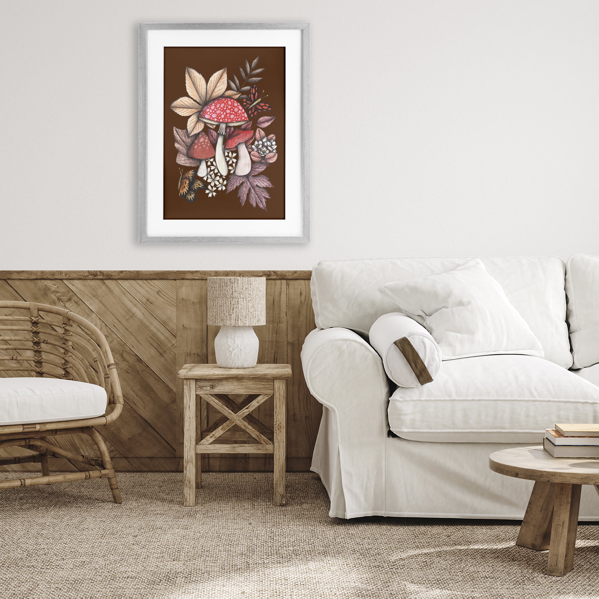 Autumnal Mushrooms Magic Gray Framed Print Under Glass, design by Cecilia Battaini