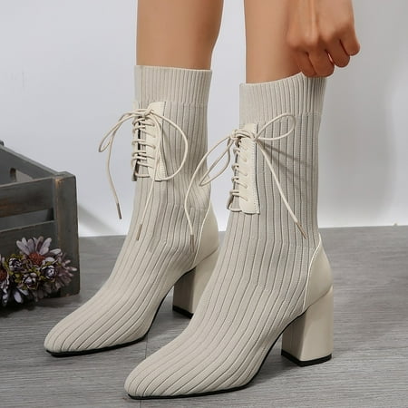 

YOUSNH Women s Thick Boots Solid High Fashion Ankle Heel Knitted Women s Boots Womens Boots White 6.5