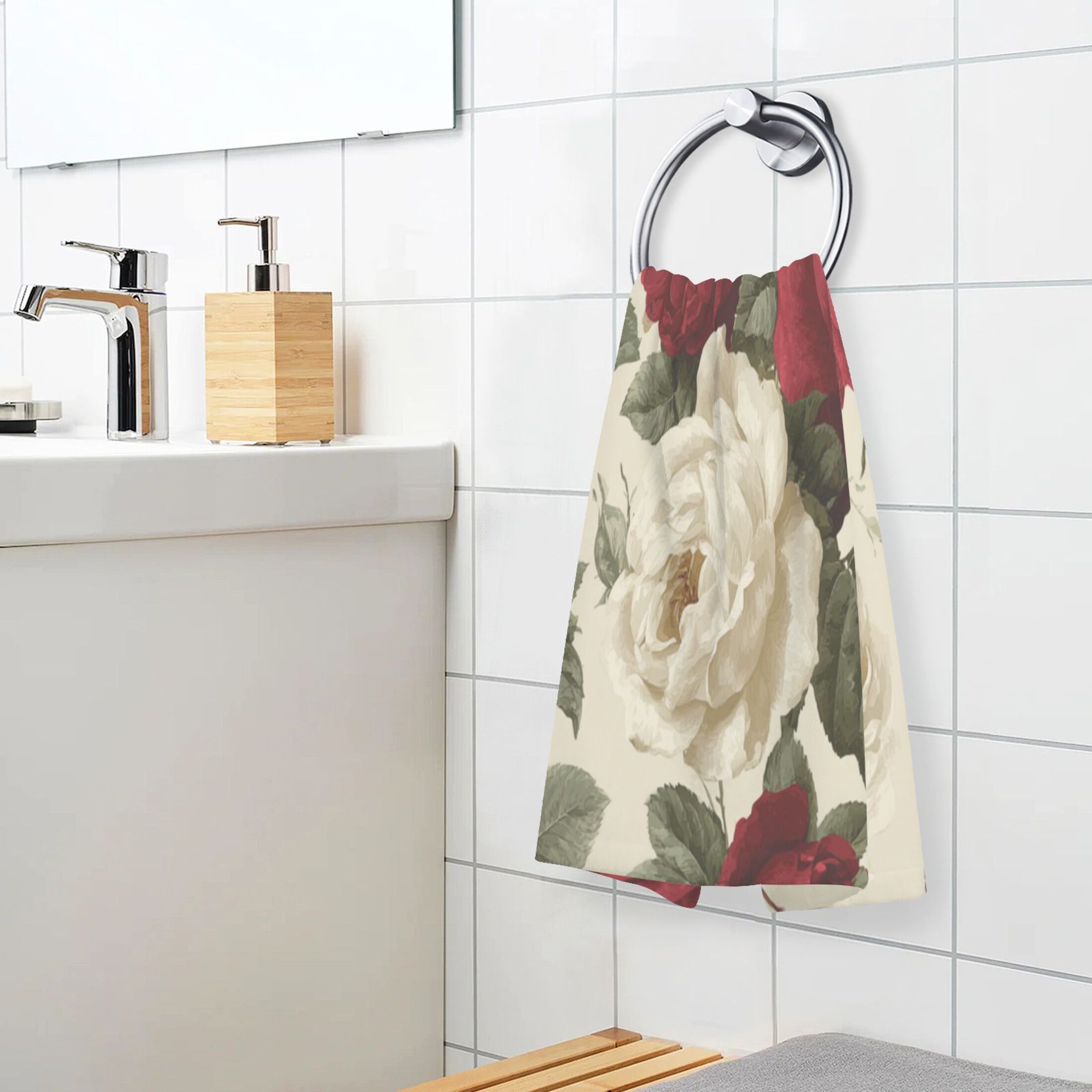 2 Pcs Absorbent Face Towel Bath Hand Towels Soft Breathable Cotton Towel Set for Bathroom Kitchen Hotel Spa Decor Red and White Roses