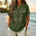 thumbnail image 2 of Embroidered Linen Shirt for Women, V-Neck Short Sleeve Cotton Blend Tunic with Floral Details - Loose Fit Casual Summer Top Army Green L, 2 of 8