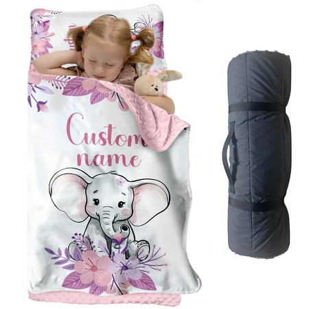 AOLOA Custom Elephant Nap Mat for Toddlers Personalized Floral Sleeping Bag with Nap Blanket Pink Purple Flower Theme Roll Up Mat for Preschool or Daycare