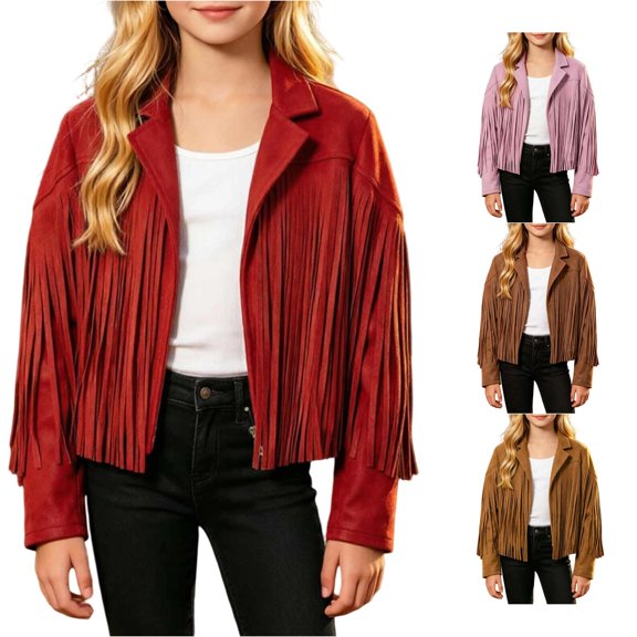 Ticikt Girls Western Style Suede Jacket, Lapel Long Sleeve Fringe Cropped Coat for Kids 5-14Y