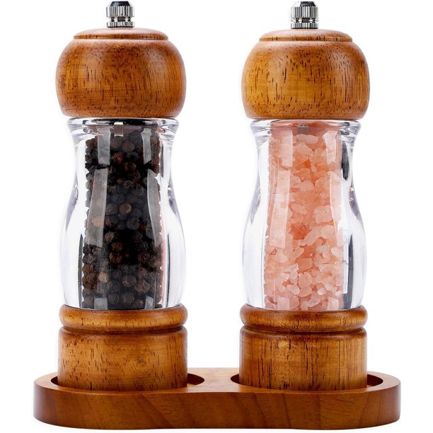 Juego de Molinillos para Sal y Pimienta con Base de Madera de Roble y Cuerpo de Acrílico Mecanismo de Cerámica Ajustable Decoración Rústica