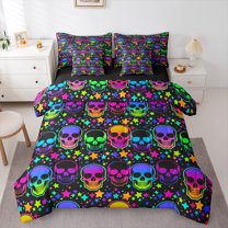 Manfei Neon Skull Child Bedding Comforter Set 7pcs, Gothic Halloween Skeleton Queen Bedding Sets, Colorful Stars Print Reversible Queen Sheet Sets, Microfiber Bedroom Decor
