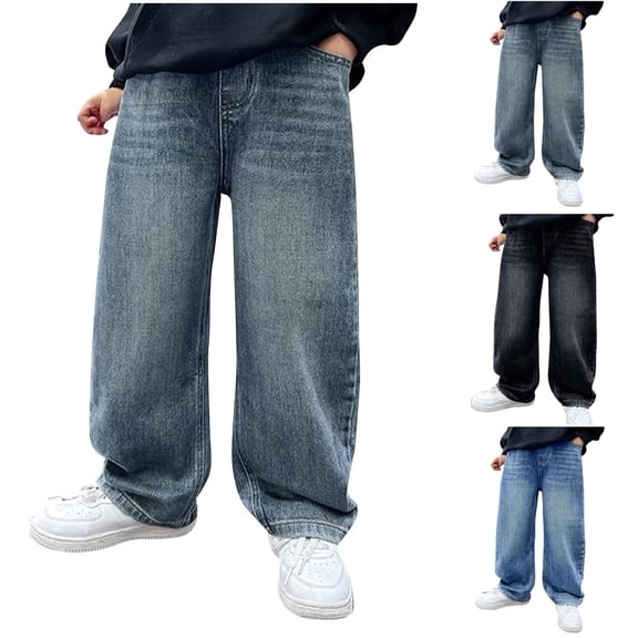 HAOTAGS Teen Boy's Jeans(5-15), Casual Stright Leg Denim Pants Stretch Waist School Pants Blue 9