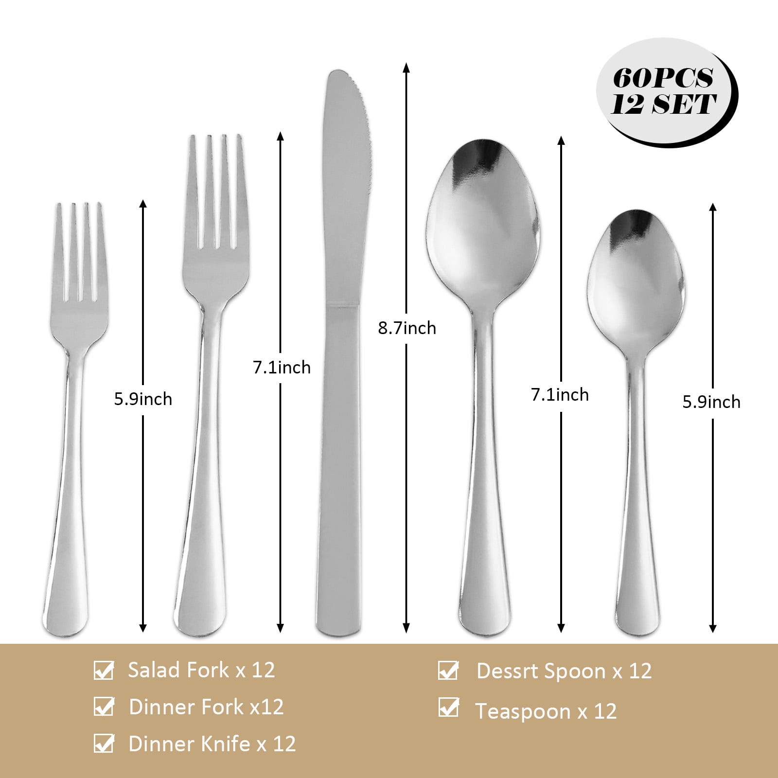 Kitchentrend Windsor Stainless Steel 60-Piece Flatware Set for 12 - Service for Home or Restaurant