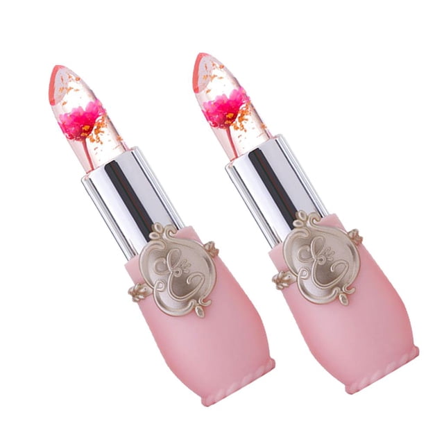 lápices labiales jelly flower de 2 piezas: cambio de la temperatura, bálsamo labial hidratante, brillo de — dos tubos color rosa roja con cilindros plateados y cuerpos rosados; barras translúcidas muestran una pequeña flor seca y partículas doradas en su interior, tamaño aprox. 3x1x1 pulgadas, vista frontal inclinada sobre fondo blanco; según la descripción suelen usarse también como detalle decorativo en kits de maquillaje.