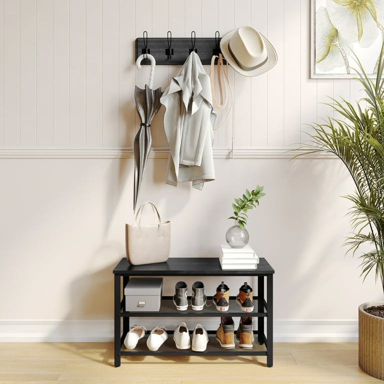 BizChair 3-Tier Wooden Entryway Bench with Metal Mesh Shoe Storage