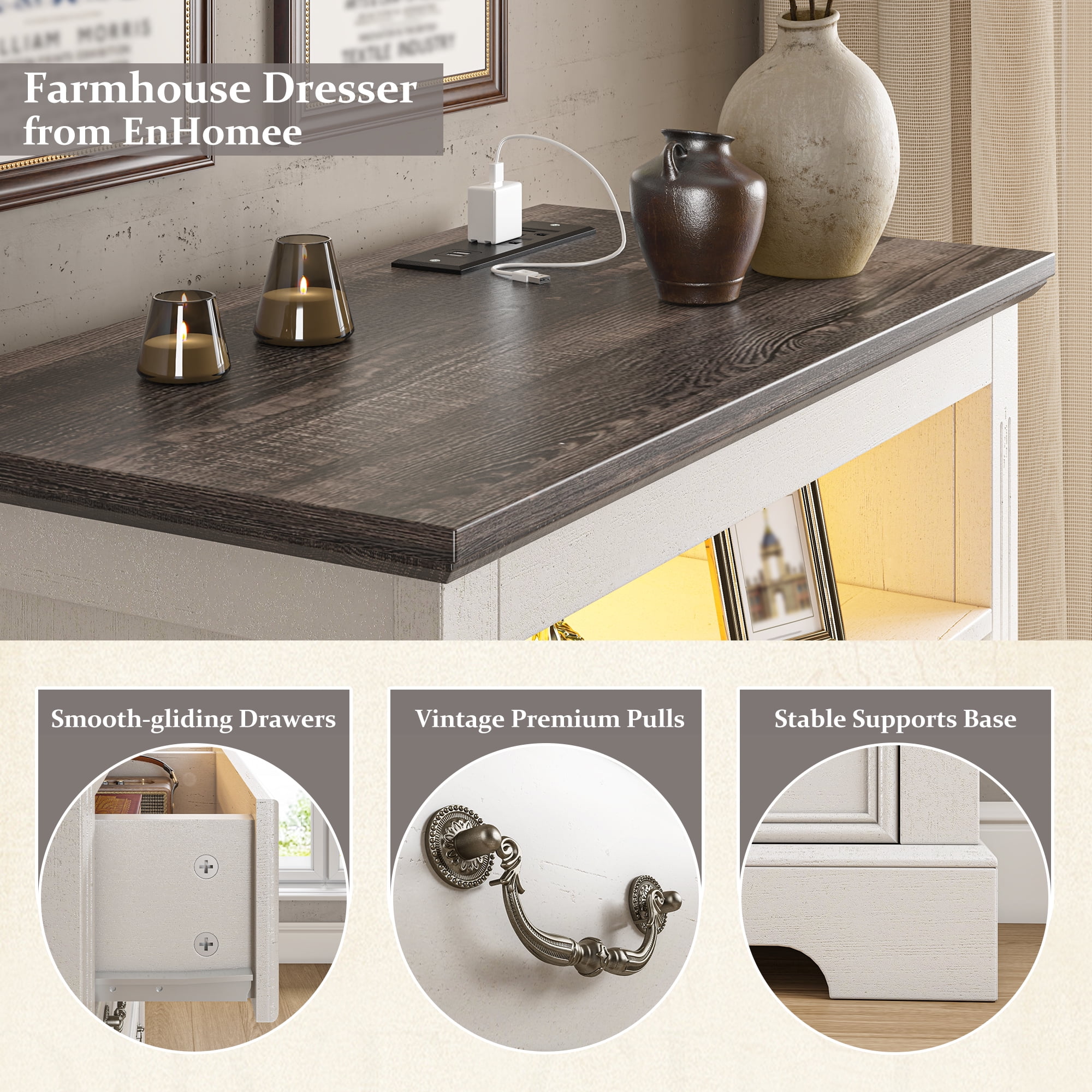 EnHomee Dresser for Bedroom Wood Dresser with LED Lights & Charge Station White Dresser with 6 Drawers