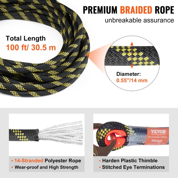 Ensamblaje de línea de vida vertical VEVOR cuerda de poliéster 0.55'' x 100' con Tensión de ruptura 30 KN