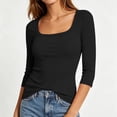 thumbnail image 6 of Hurxie Womens 3/4 Sleeve Scoop Neck Top Ribbed Knit Slim Fitted Casual Basic Tee Shirts Trendy Work T-Shirt Outfits Black,M, 6 of 7
