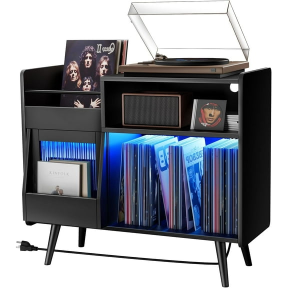 Record Player Stand Wood Cabinet, Large, with 350 Vinyl Record Storage, Power Outlet, LED Light