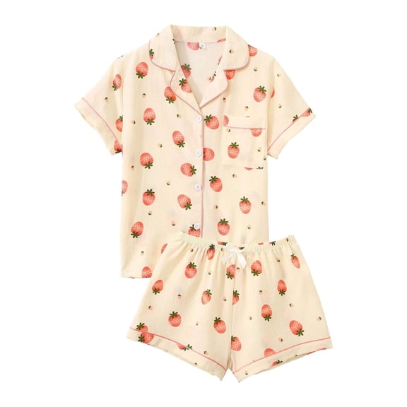 FASHOFT Women's 2 Piece Pajama Sets Summer Pajamas Cute Pj Set Lounge Matching Pjs Button Shirt with Shorts Beige L