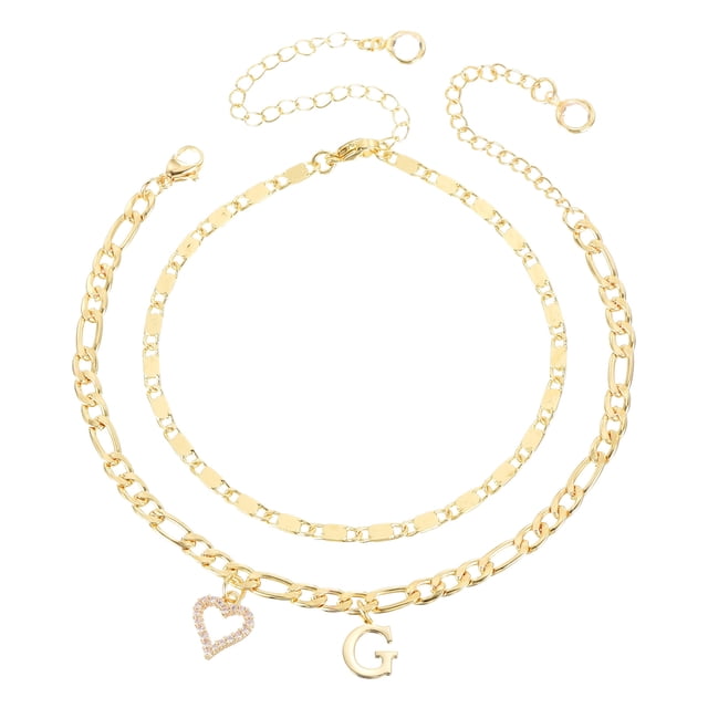Uxcell Pulseras de Tobillo Inicial Corazón para Mujeres, Pulseras de Corazón Letra G Baño de Oro de 14K, Cadena de Letras A-Z con Caja para Regalo de Verano, Tono Dorado