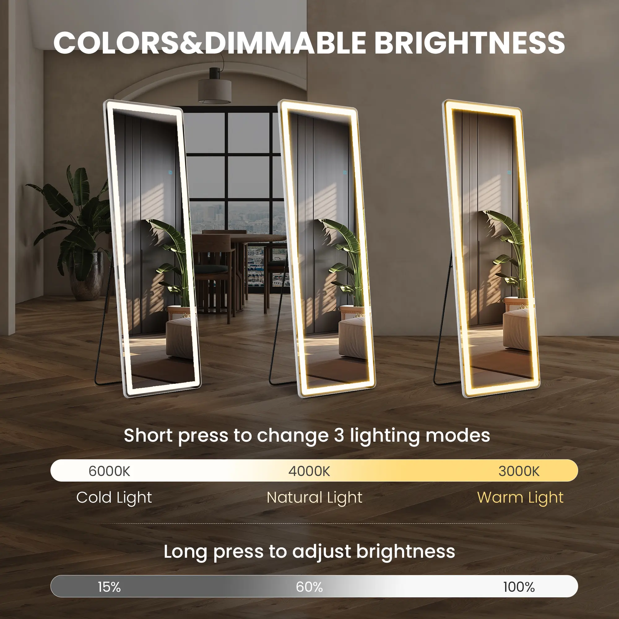 Aukfa 60" x 16" LED Full Length Mirror, Wall Mounted Floor Standing with Touch Control & 3-Color Dimmable Lights