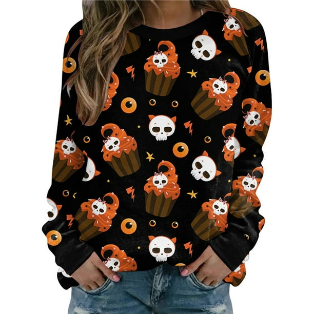 Txlixc Moda para mujer Camisa atlética de Halloween salvaje Calavera Fantasma Gato Calabaza con estampado de cuello redondo Jersey de manga larga Top Txlixc moda