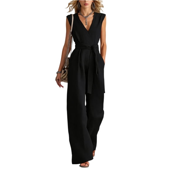Women's V Neck Wide Leg Jumpsuit Sleeveless Belted Casual Dressy One Piece Outfit