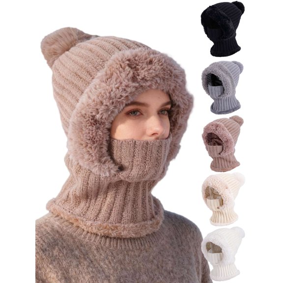 Gustave Women's 3 in 1 Beanie Hat with Scarf and Mask, Winter Warm Fleece Lined Knitted Hat with Faux Fur Pompom Ski Balaclava Scarf and Mask Set for Cold Weather - Khaki