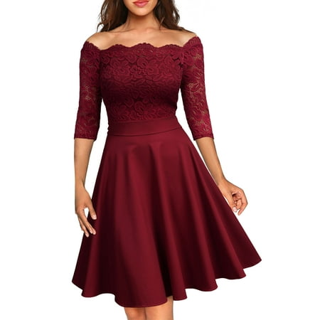 Lace Shoulder Button - MIUSOL Women's Off Shoulder Contrast Lace 1/2 Sleeve Ecening Party Dress
