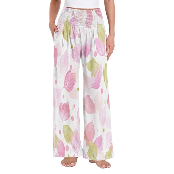 Women's Casual Pants & Capris, Soft Stretch Smocked with Pockets, Cotton-like Modal for Home/Yoga Exercises, Pink-feathers,S