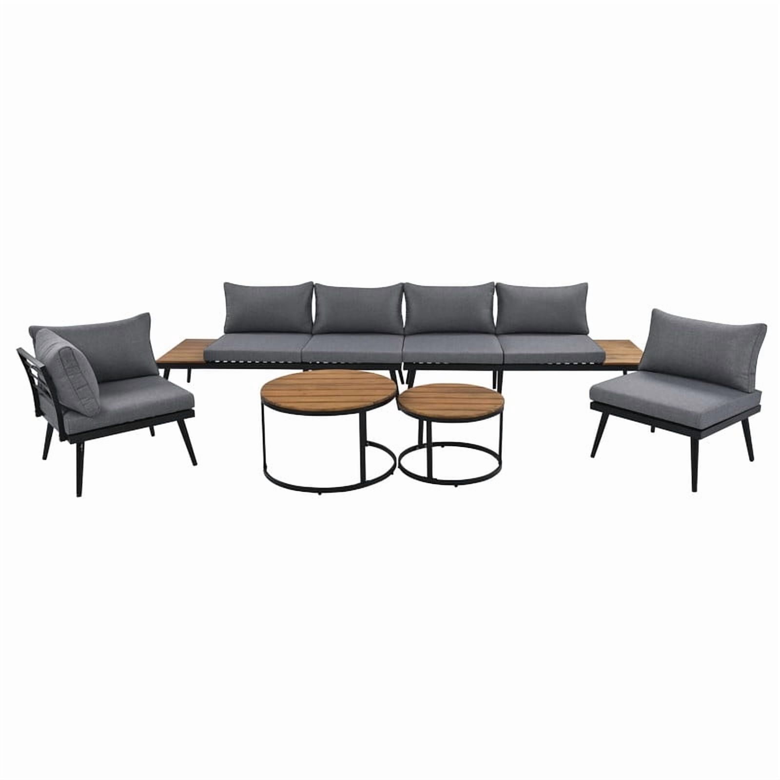 6-Piece L-Shaped Outdoor Sectional Sofa Set with Round Nesting Coffee Tables, Patio Furniture Set with Side Tables, Outdoor Conversation Set with Cushions