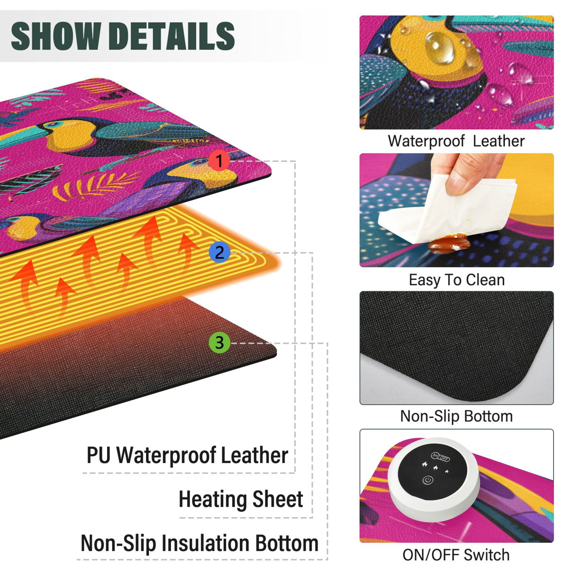 Large Heated Desk Mat Mouse Pad 31.5"x13"PU Leather Graphene Heating Desk Warmer with 3 Temperature Settings 110V US Plug Non-Slip Warm Pad for Home, Office, and Gaming Toucan in The Pink Jungle