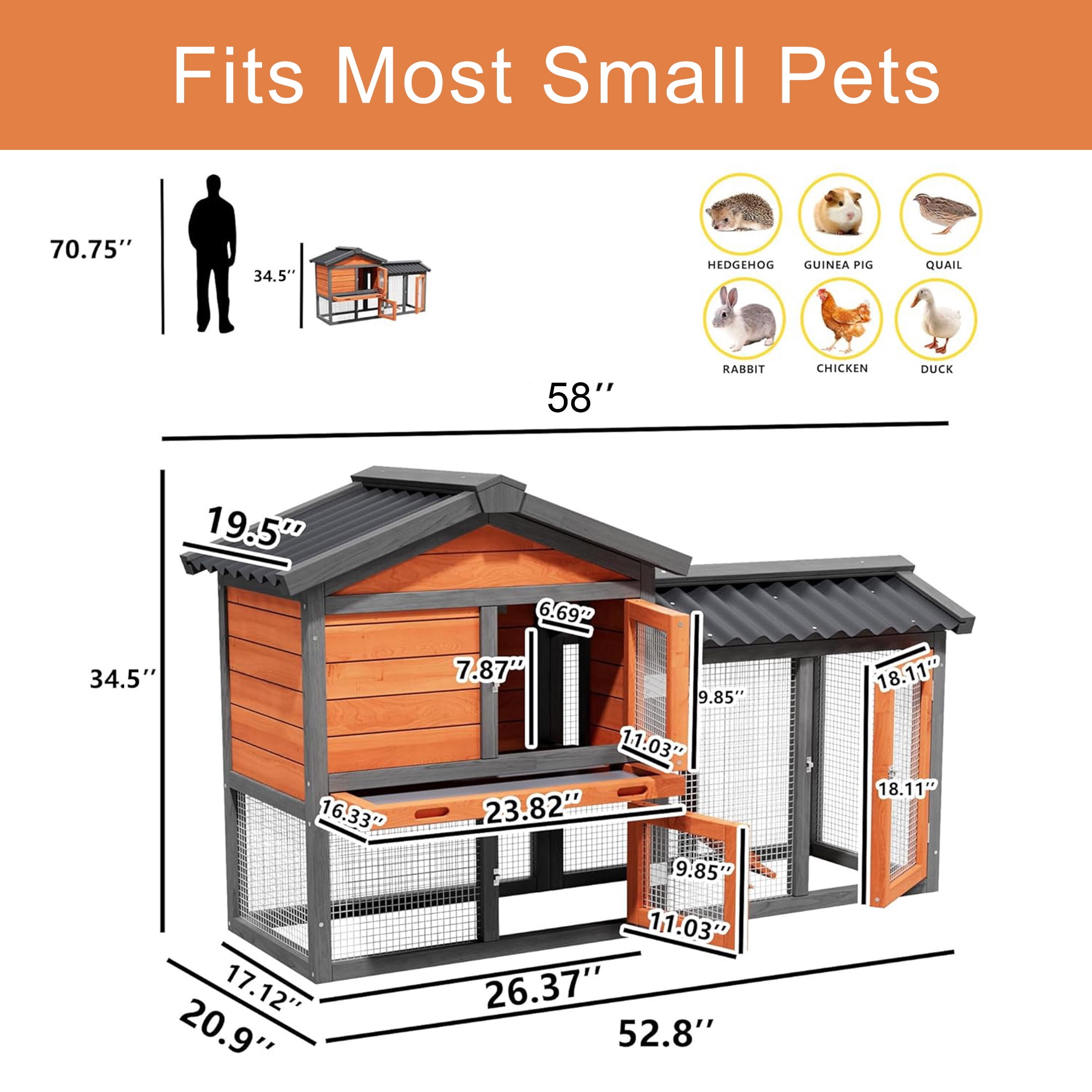 Predator Proof Outdoor 2 Story Duck Condo with Weatherproof Brooder,Duck Hutch with Wire Mesh Run,58",Orange with Black