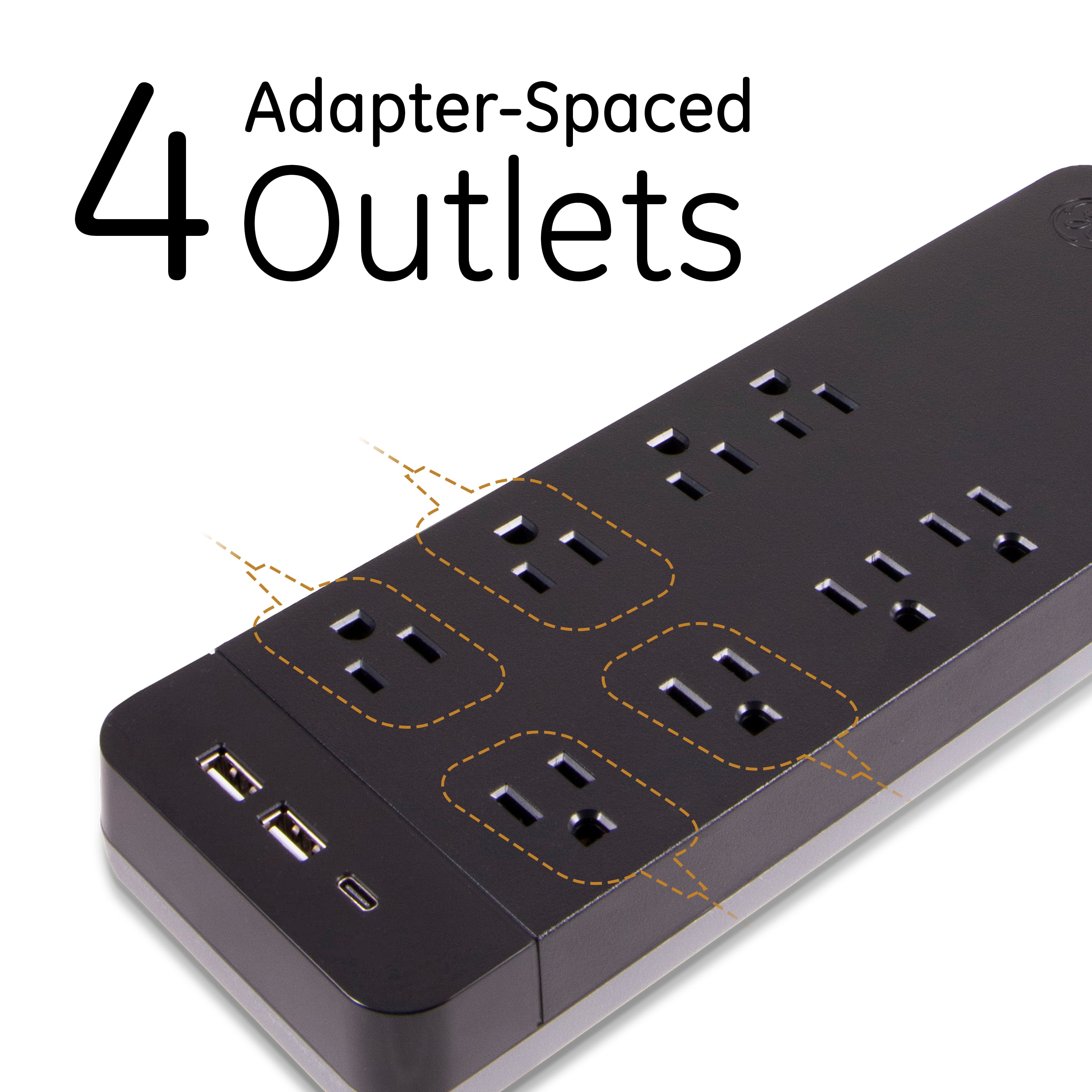 GE 8 Outlet, 2 USB-A, 1 USB C Surge Protector with 6 ft. Designer Braided Extension Cord, Black