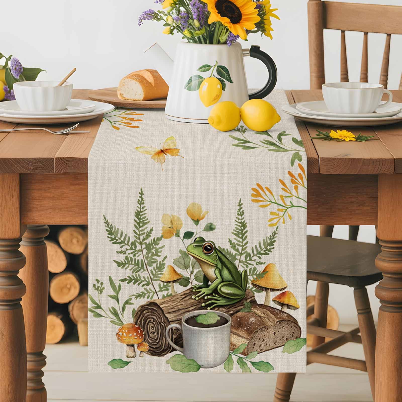 Pastoral Coffee Frog Mushroom Table Runner 90 Inches Long, Retro Bread on Linen Table Runners Tabletop Scarf Kitchen Dining Tables Decoration for Home Party Indoor Outdoor