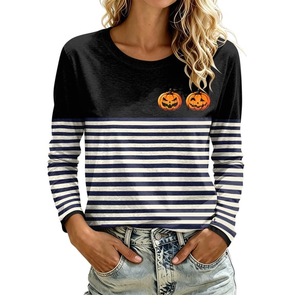 DORKASM Women Halloween Costumes Long Sleeve Ghost Graphic Comfy Shirt Crew Neck Pumpkin Funny Print Vacation Tshirt Spooky 2026 Loose Tops Blue L