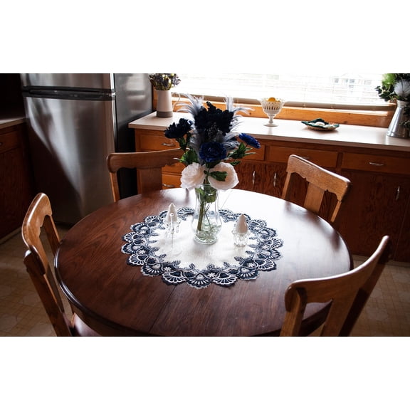 Antique Eurorpean Navy Blue White Peacock Tail Lace Round Doily (23" Round)