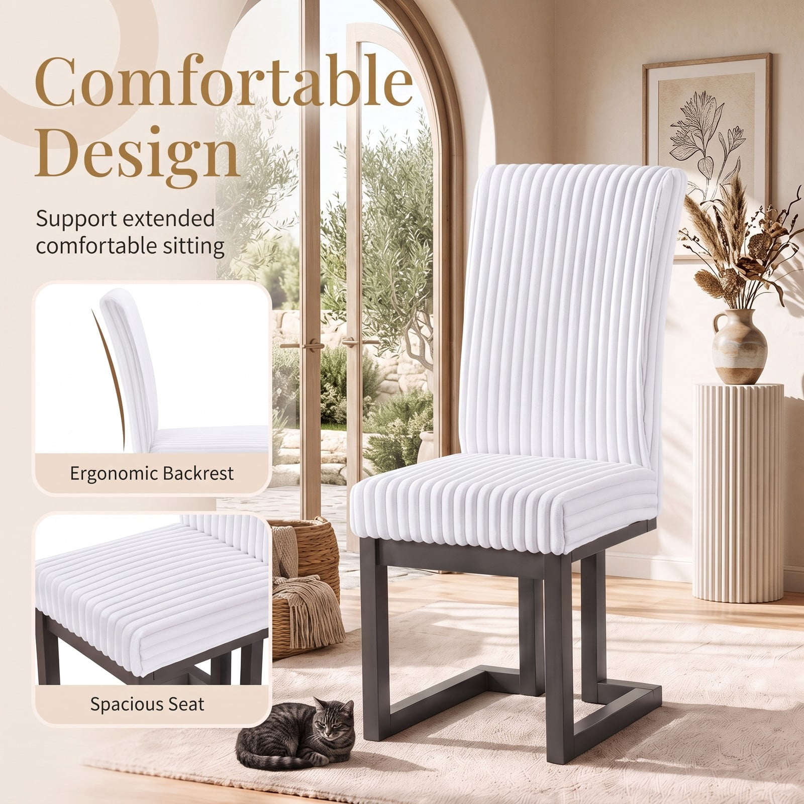 Furnibear Upholstered Dining Chairs Set of 2, Fabric Kitchen Side Chairs with Solid Rubber Wood Legs, Channel Tufted Padded Seat & Ergonomic Backrest, Kitchen - White