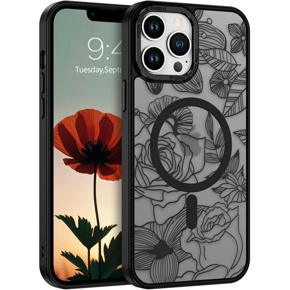 Magnetic for iPhone 13 Pro Max Case, iPhone 13 Pro Max Phone Case Compatible with Magsafe Translucent Matte Back Soft TPU Bumper Flower Rose iPhone 13 Pro Max Case for Women, Black