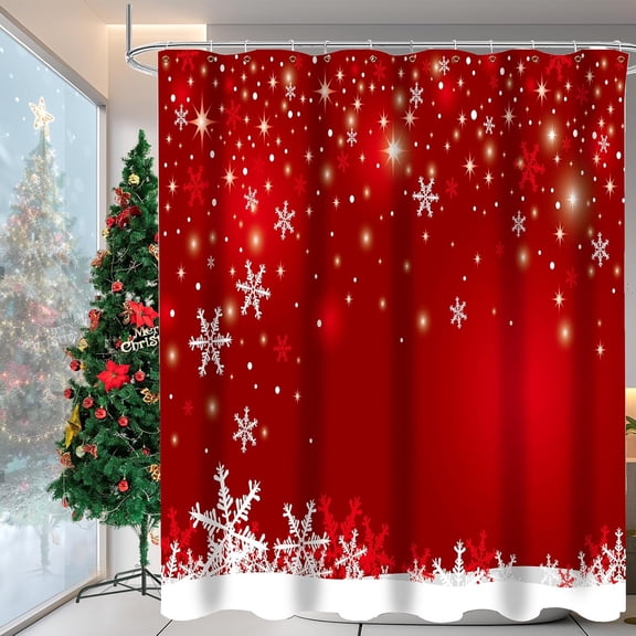 Merry Christams Shower Curtain, 72x72 Inches Christmas Stars Snowflake Shower Curtains with Hooks, Bathroom Curtain Waterproof Washable Fabric