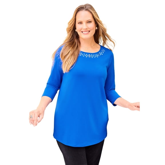 Catherines Women's Plus Size Embellished Stud Neckline Top