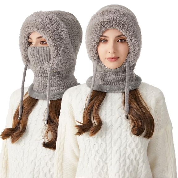 3-in-1 Winter Balaclava for Women, Women's Outdoors Windproof Scarf Hat, Warm Neck Knitted Hat Sets