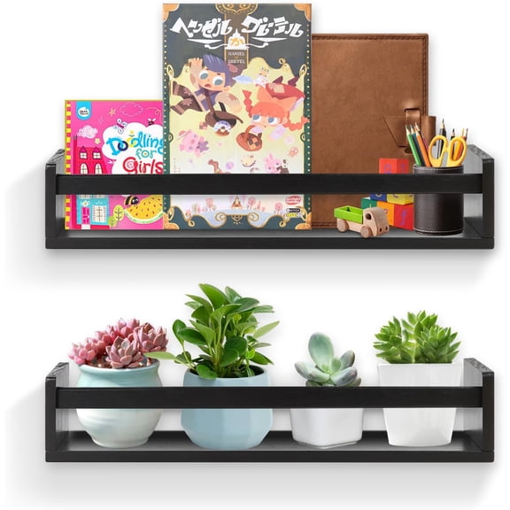 Floating Shelves for Wall, Black Nursery Book Shelves, 15.7 inch Kids Bookshelf, Wall Shelves for Living Room Bedroom Decor,Kitchen Spice Rack,Bathroom Storage Rack(2 Pack)