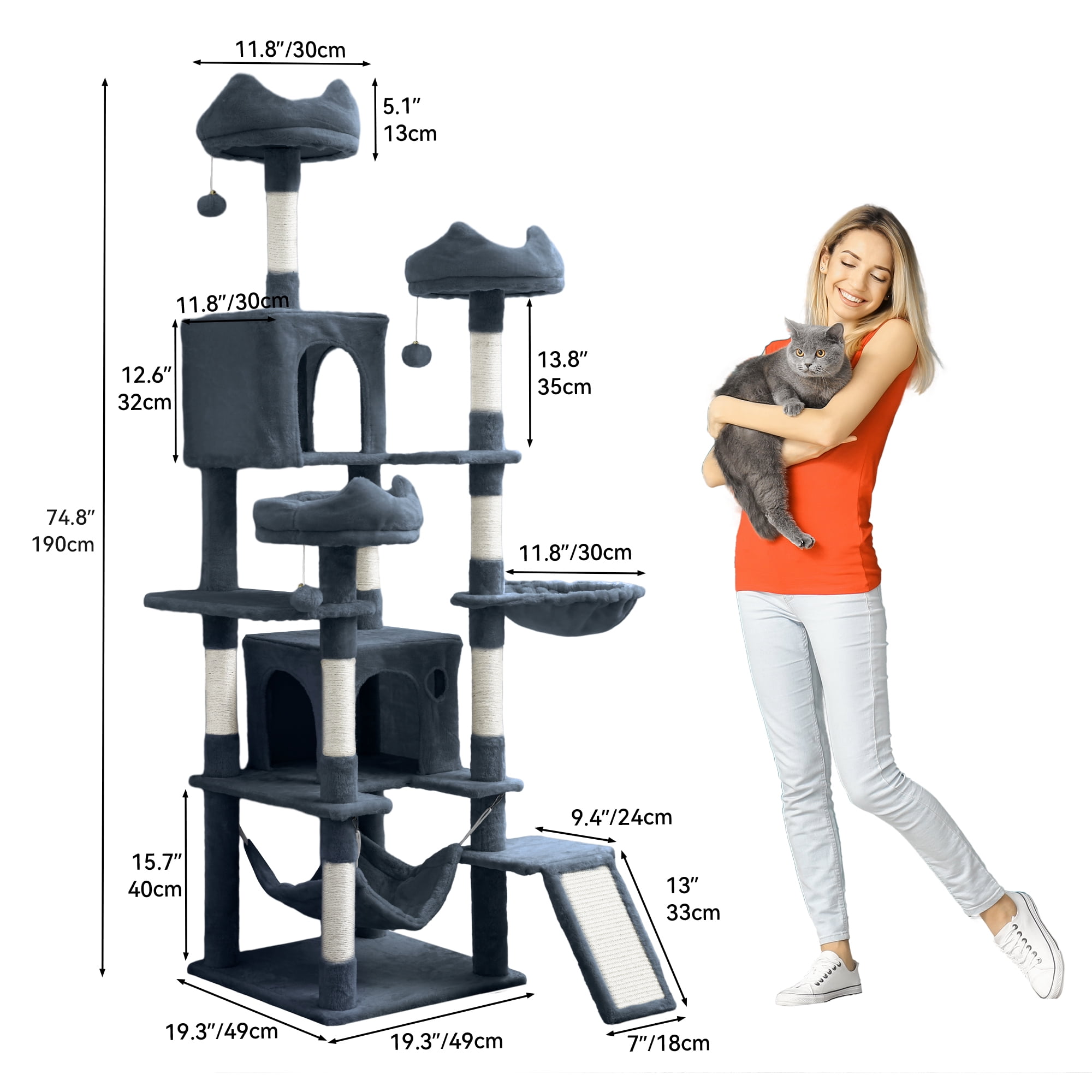 Dextrus 75" Multi-Level Cat Tree Tower with Cat Condos, Top Perches, Hammocks, Scratching Posts Board, Large Cat Activity Center,Dark Gray