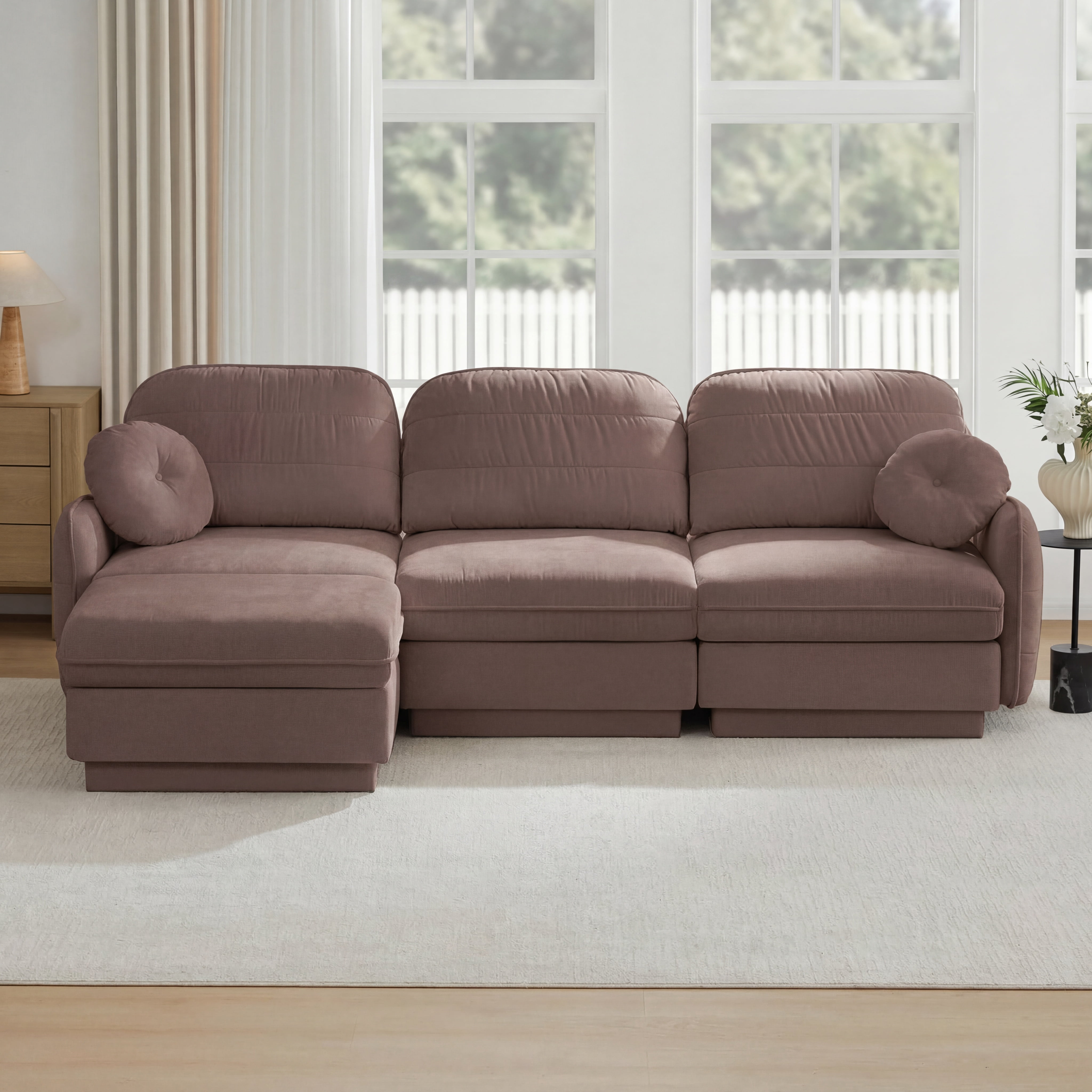 Mintazer 105" Chenille Cloud 3-Seater Modular Sectional Sofa with Movable Ottoman & Round Pillows, L-Shaped Ergonomic Sofa Couch for Living Room, Apartment, Rose Dust