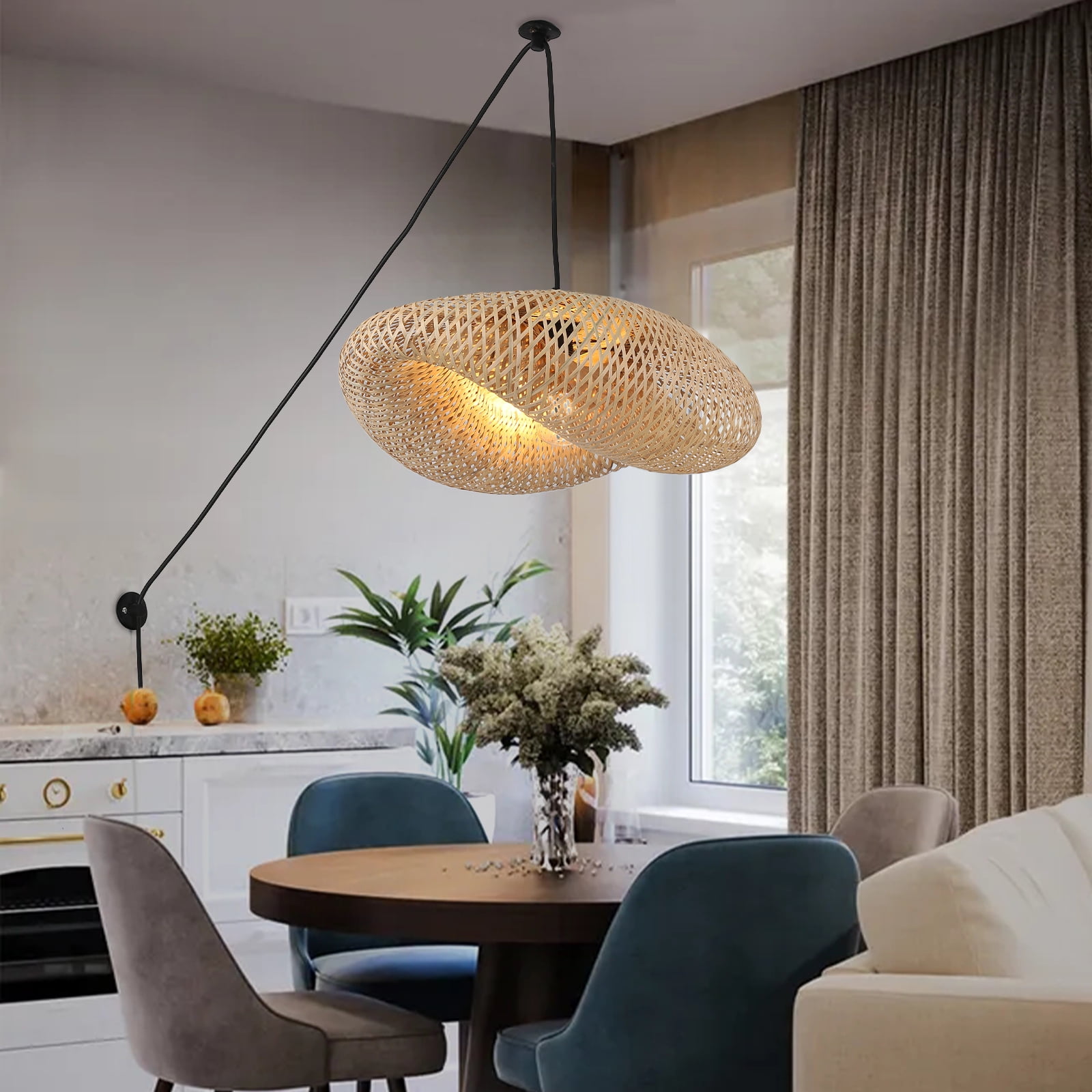 Woven Bamboo Plug in Pendant Light for Kitchen Island, Industrial Wicker Ceiling Hanging Lamp, Rattan Lamp Shade Basket Chandelier Bamboo Light Fixture for Living Room Dining Room Bar Restaurant
