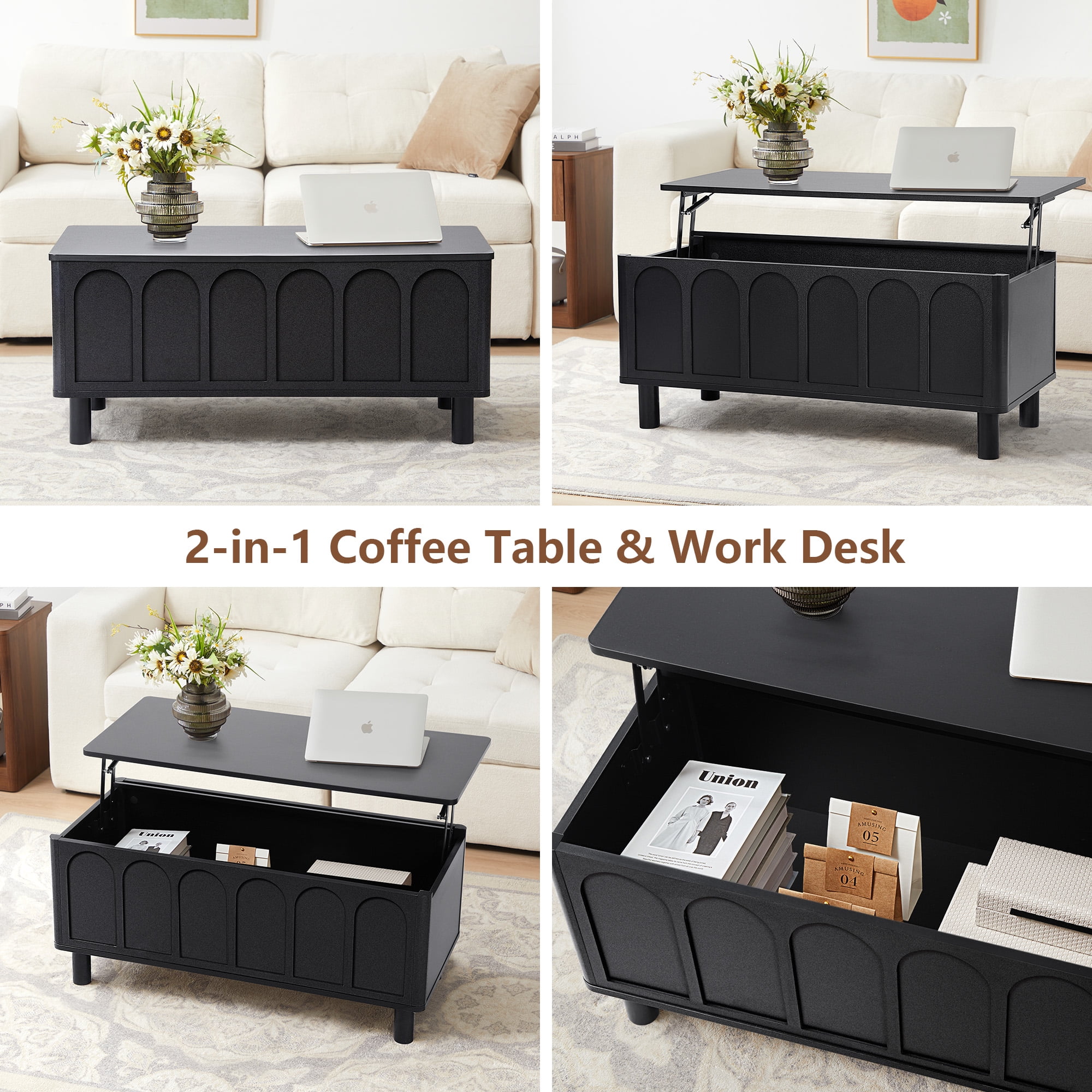 YOCWO Lift Top Coffee Table with Hidden Compartment & Storage Shelve, Arched Fluted Coffee Table for Living Room, Black