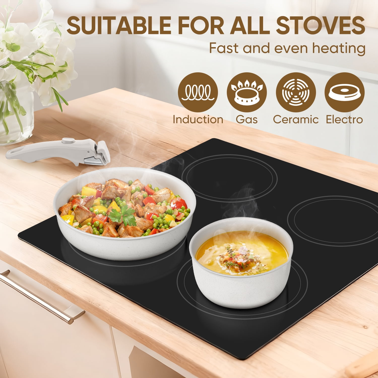 Vesteel 18Pcs Pots and Pans Set, Nonstick Cookware Set with Detachable Handles, Stackable Kitchen Cooking Set with Silicone Utensils Set, Induction Compatible & Oven Safe - Cream White