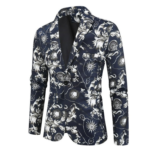 Virmaxy Men's Printed Suit Single One Button Back Slit Long Sleeved Suit Collar Dress Performance Dress Casual Suit Jacket Blazer