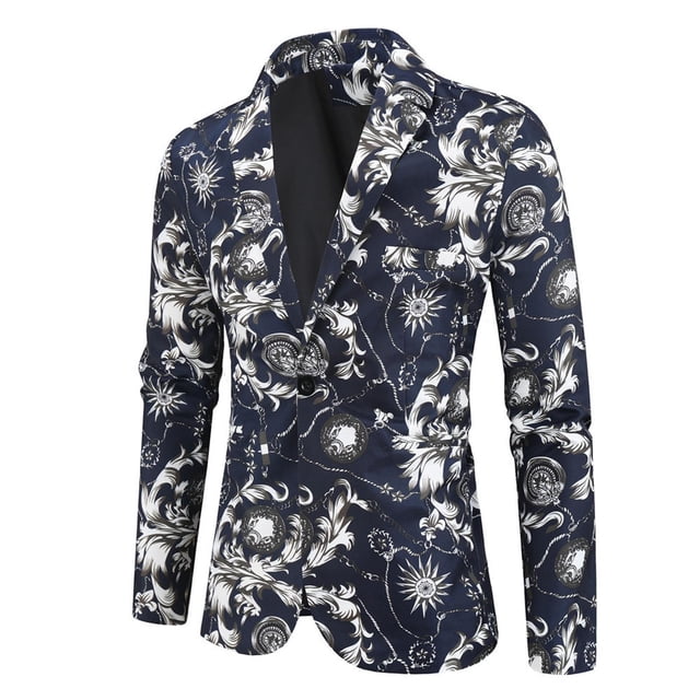 Penkiiy Blazer for Men Men's Printed Suit Single One Button Back Slit Long Sleeved Suit Collar Dress Performance Dress Casual Suit Jacket Blazer Navy Blazer